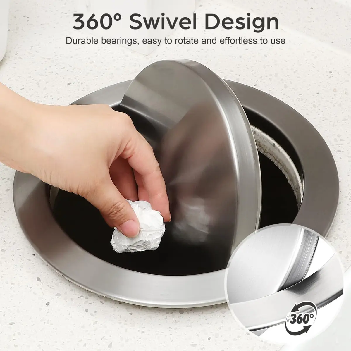 Cabilock Recessed Countertop Trash Bin Lid, Stainless Steel, Silent Swing, 21x21cm | Space-Saving Kitchen & Bathroom Cover - view 8