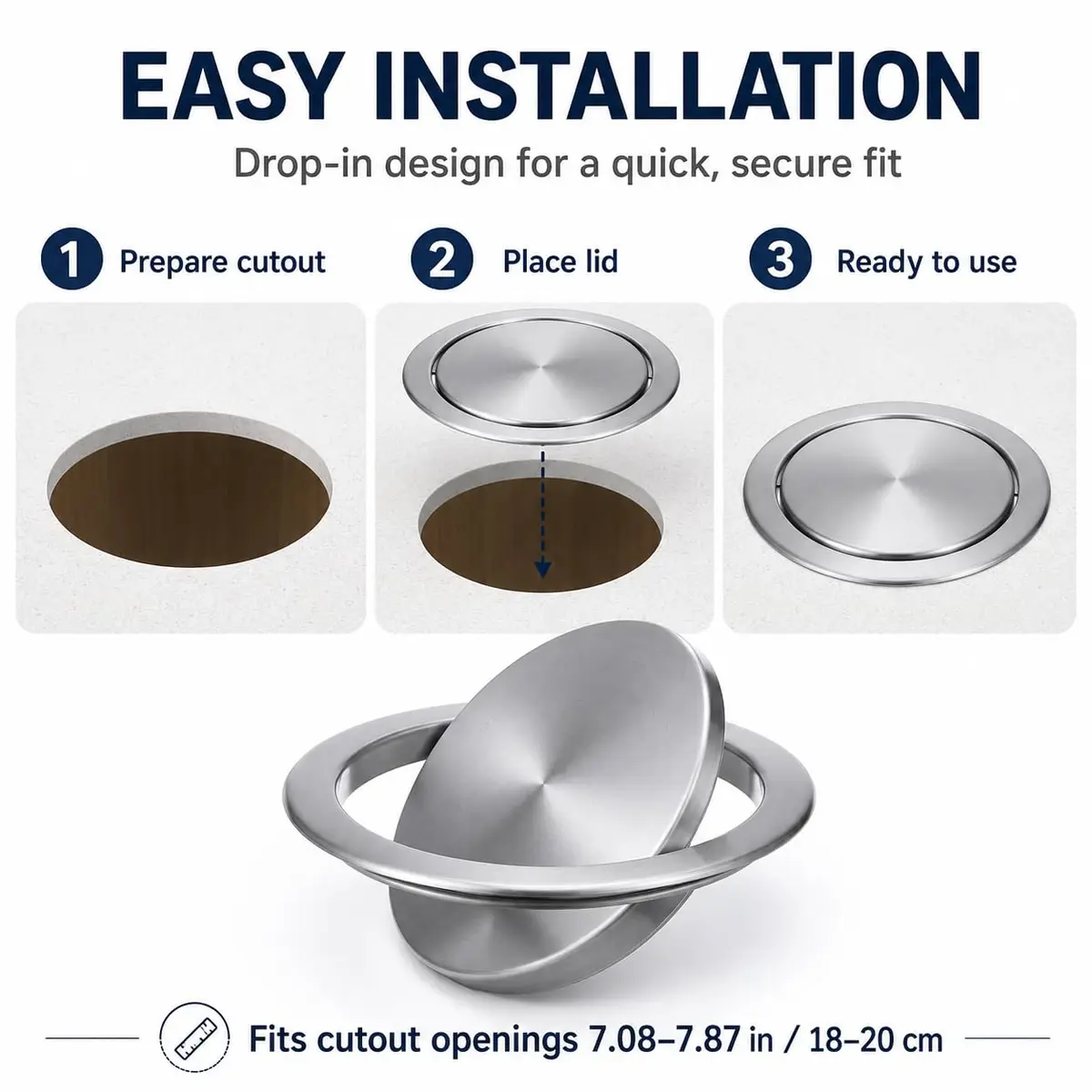Cabilock Recessed Countertop Trash Bin Lid, Stainless Steel, Silent Swing, 21x21cm | Space-Saving Kitchen & Bathroom Cover - view 9