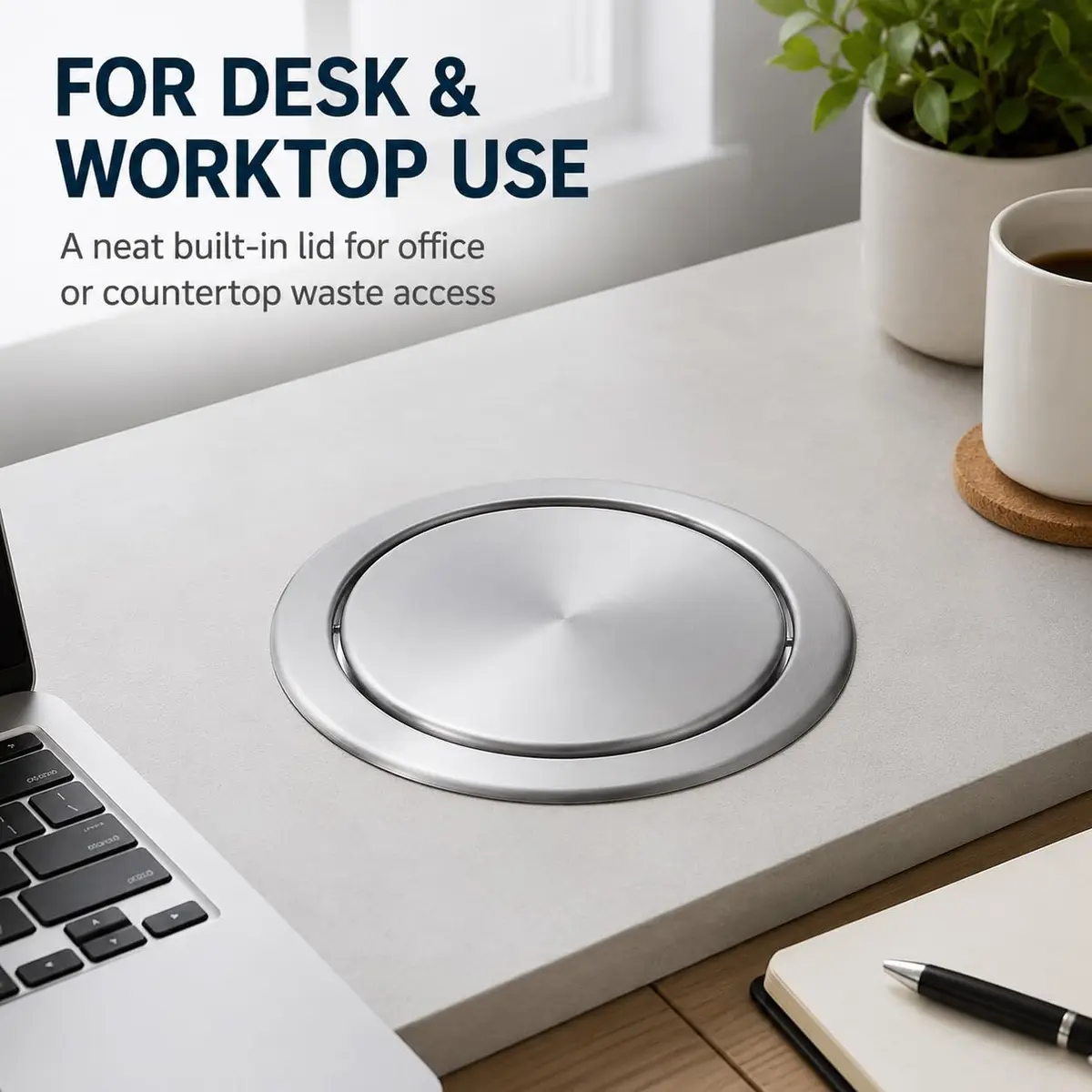 Cabilock Recessed Countertop Trash Bin Lid, Stainless Steel, Silent Swing, 21x21cm | Space-Saving Kitchen & Bathroom Cover - view 3