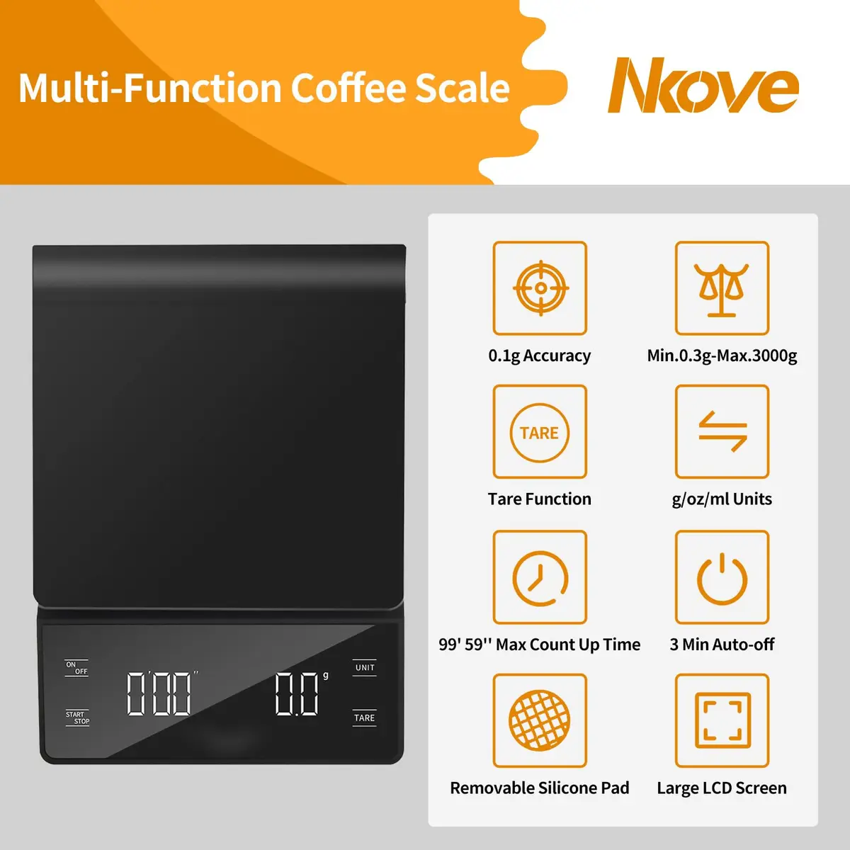 Nkove Digital Coffee Scale with Timer, 0.1g Precision, 3kg Capacity | Compact & Accurate for Home & Cafe - view 2