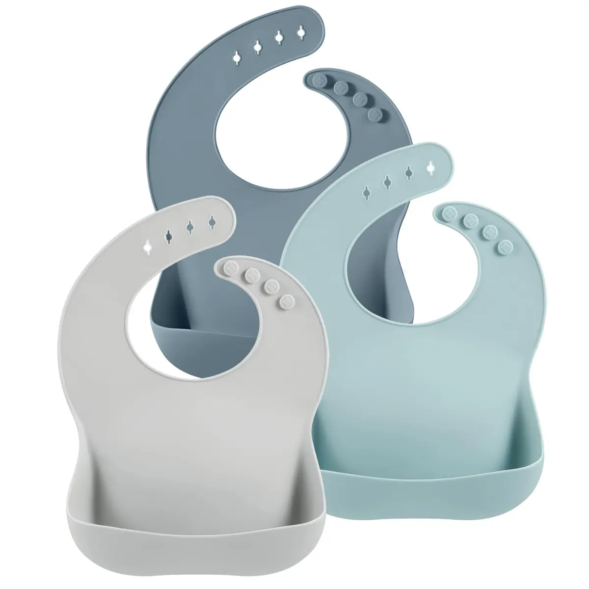 PandaEar 3 Pack Silicone Bibs for Babies & Toddlers, Waterproof Feeding Bib with Large Food Catcher, BPA Free (Blue & Gray) - main product image