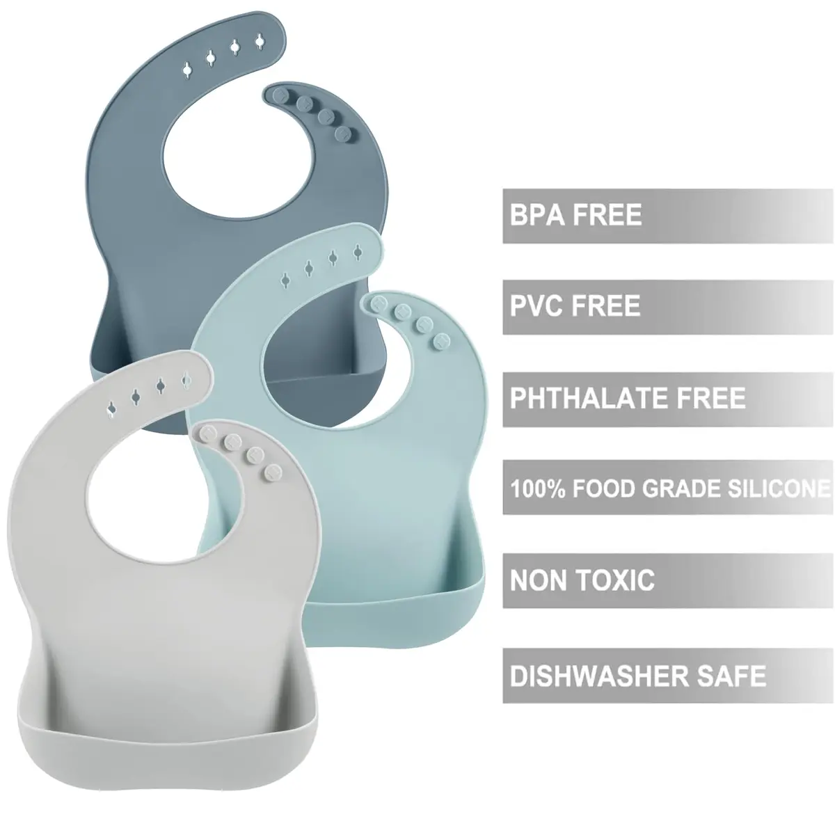 PandaEar 3 Pack Silicone Bibs for Babies & Toddlers, Waterproof Feeding Bib with Large Food Catcher, BPA Free (Blue & Gray) - view 3