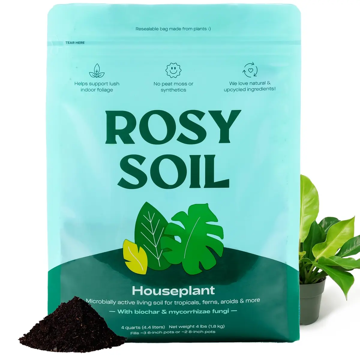 Rosy Soil Houseplant Potting Soil, Organic Indoor Mix, 4 Quarts | Peat-Free, Biochar Enriched - main product image