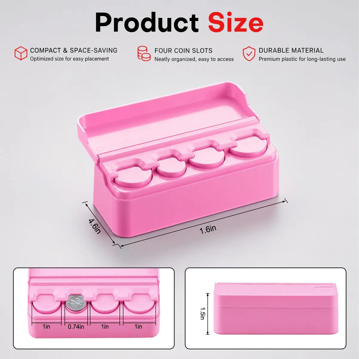 SINGARO Pink Coin Holder for Car, Dash-Mounted Organizer with 4 Slots | 6.8 cm (2.68 in) Width - view 2