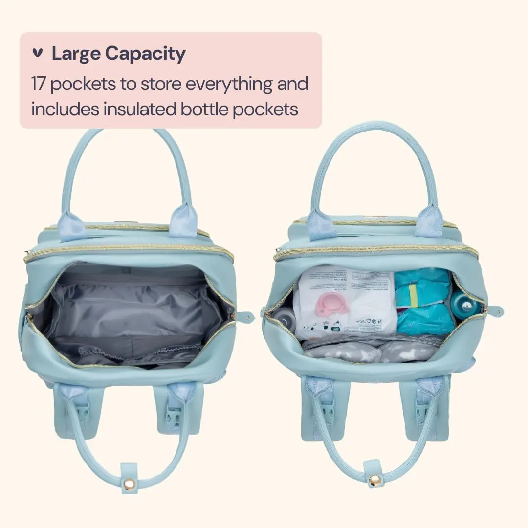 BabbleRoo Leather Diaper Bag Backpack - Baby Essentials Travel Baby Bag, Water Resistant, with Changing Pad, Stroller Straps & Pacifier Case – Unisex, Powder Blue - view 4