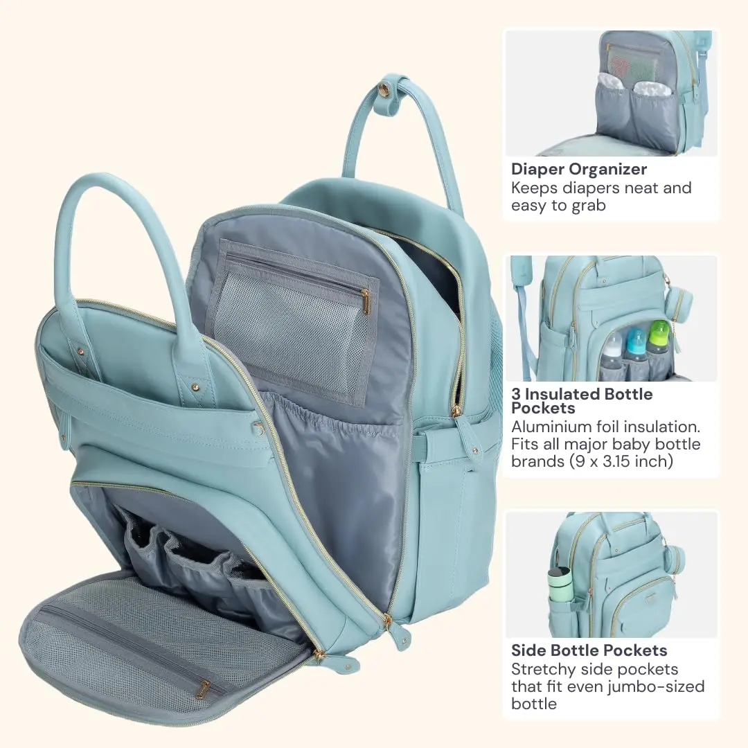 BabbleRoo Leather Diaper Bag Backpack - Baby Essentials Travel Baby Bag, Water Resistant, with Changing Pad, Stroller Straps & Pacifier Case – Unisex, Powder Blue - view 5