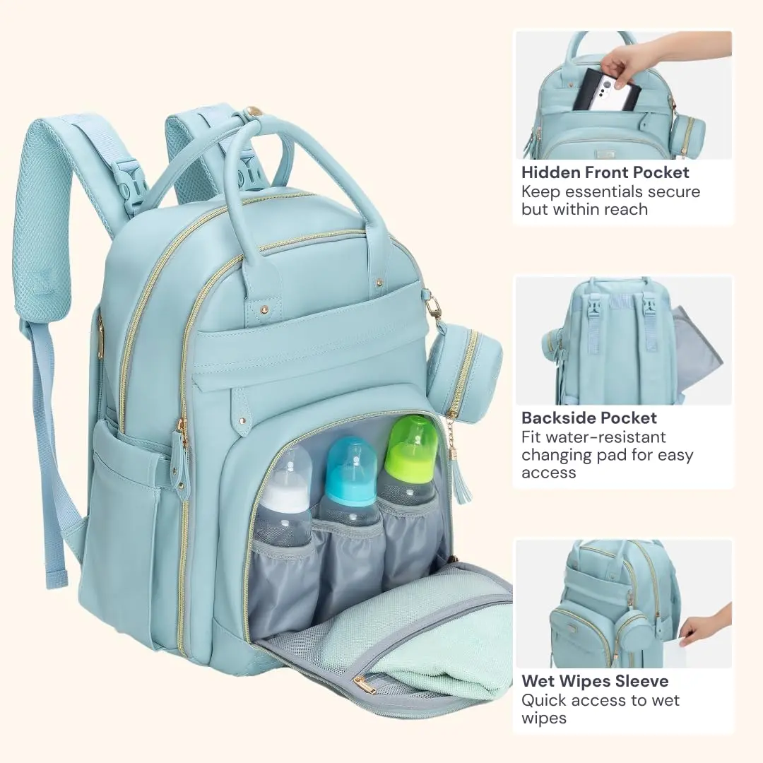 BabbleRoo Leather Diaper Bag Backpack - Baby Essentials Travel Baby Bag, Water Resistant, with Changing Pad, Stroller Straps & Pacifier Case – Unisex, Powder Blue - view 6