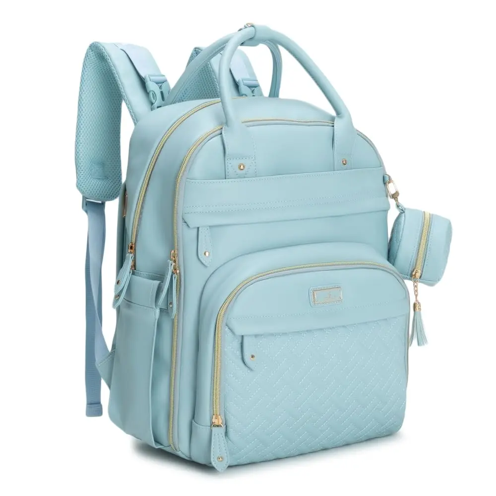 BabbleRoo Leather Diaper Bag Backpack - Baby Essentials Travel Baby Bag, Water Resistant, with Changing Pad, Stroller Straps & Pacifier Case – Unisex, Powder Blue - main product image
