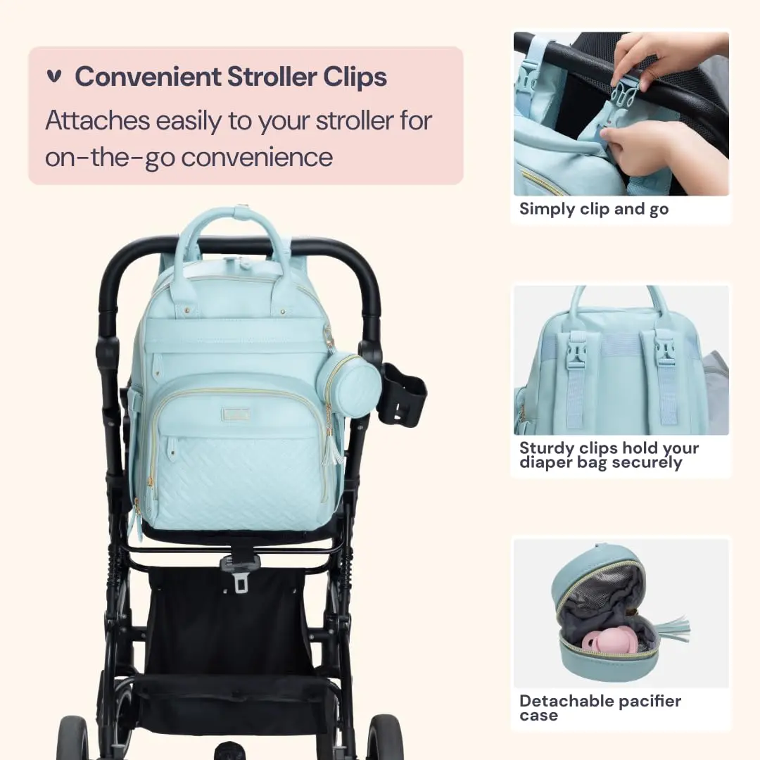 BabbleRoo Leather Diaper Bag Backpack - Baby Essentials Travel Baby Bag, Water Resistant, with Changing Pad, Stroller Straps & Pacifier Case – Unisex, Powder Blue - view 7
