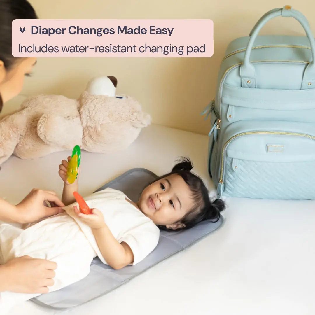BabbleRoo Leather Diaper Bag Backpack - Baby Essentials Travel Baby Bag, Water Resistant, with Changing Pad, Stroller Straps & Pacifier Case – Unisex, Powder Blue - view 8