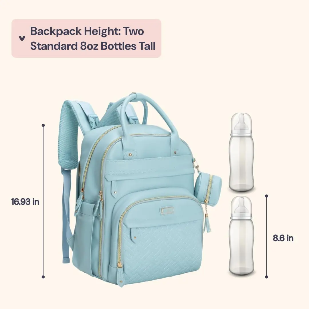 BabbleRoo Leather Diaper Bag Backpack - Baby Essentials Travel Baby Bag, Water Resistant, with Changing Pad, Stroller Straps & Pacifier Case – Unisex, Powder Blue - view 2