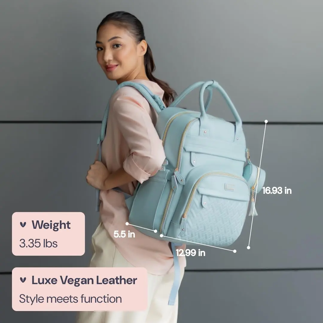 BabbleRoo Leather Diaper Bag Backpack - Baby Essentials Travel Baby Bag, Water Resistant, with Changing Pad, Stroller Straps & Pacifier Case – Unisex, Powder Blue - view 3