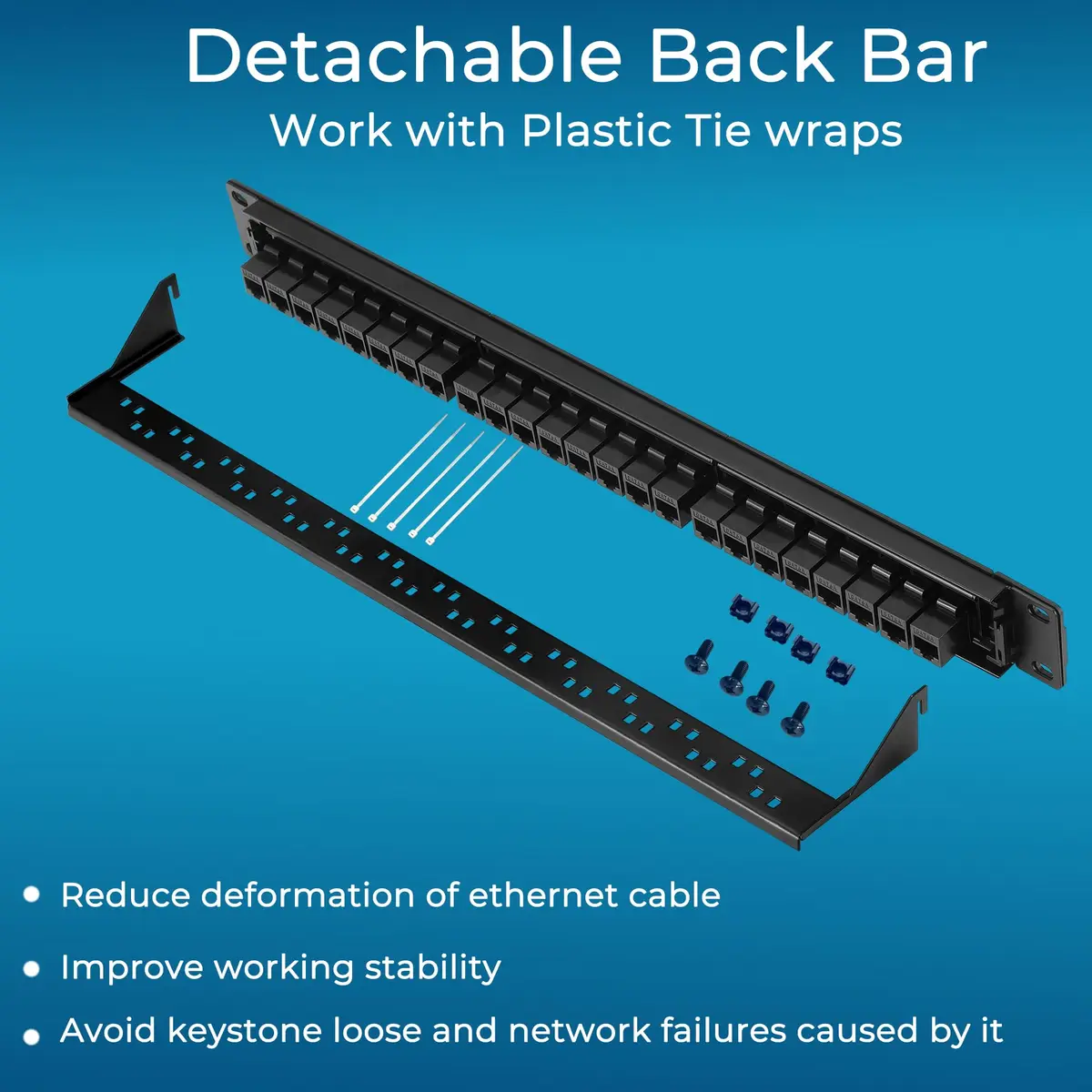Rapink Patch Panel 24 Port Cat6A 10G Support | Toolless, Pass-Thru, Gold Pins, Removable Back Bar - view 5