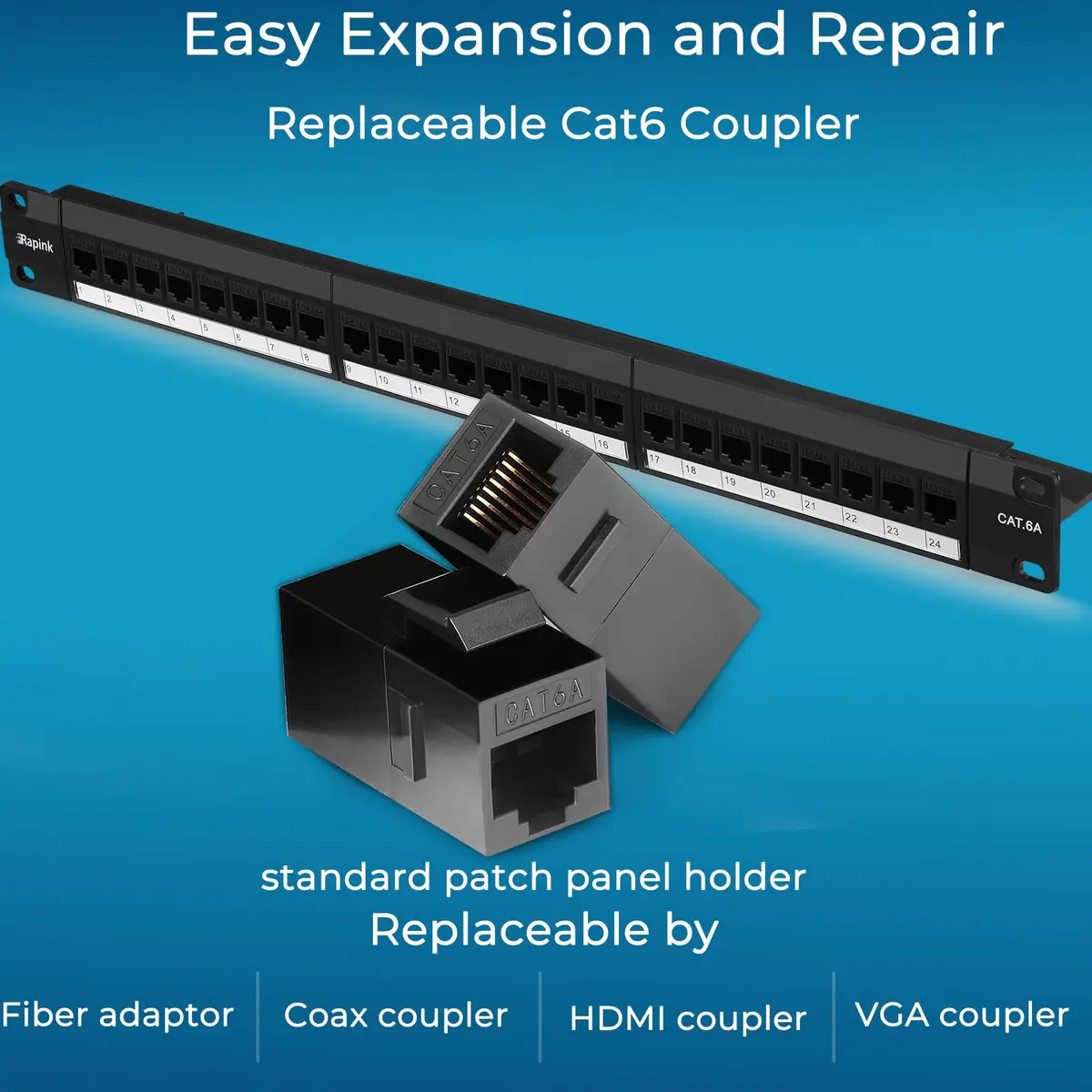 Rapink Patch Panel 24 Port Cat6A 10G Support | Toolless, Pass-Thru, Gold Pins, Removable Back Bar - view 3