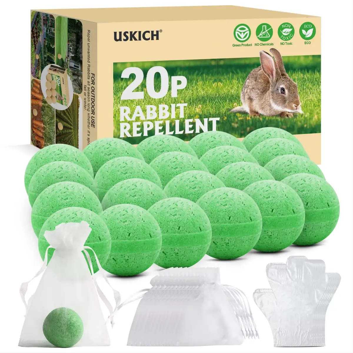 USKICH Natural Peppermint Oil Rabbit Repellent Pellets 20 Pack | 20 Count, 8 Gloves, 10 Mesh Bags - main product image