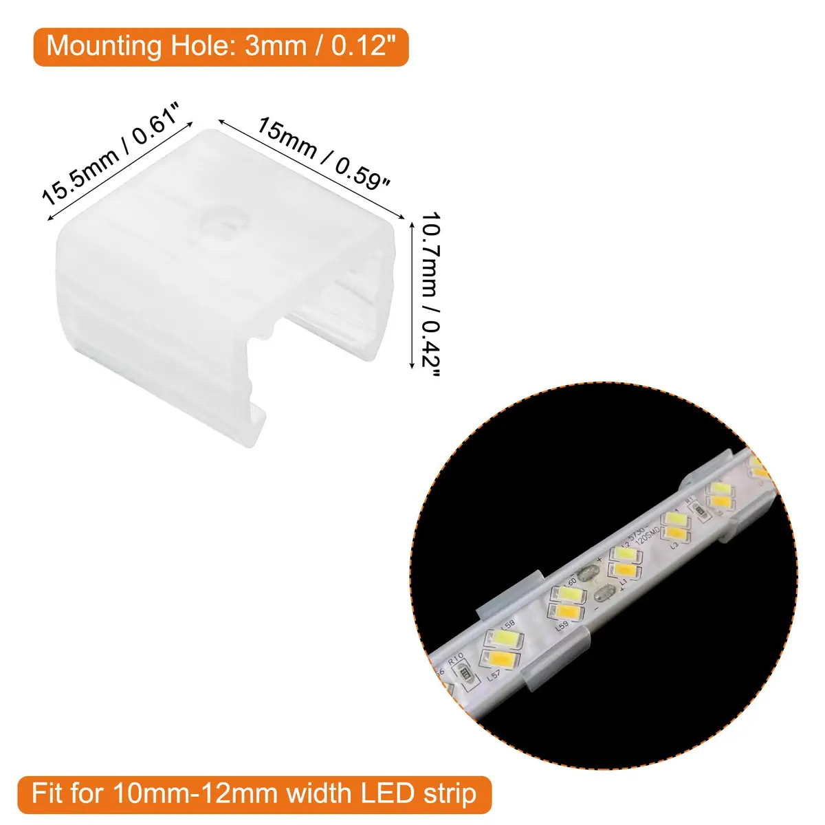 MECCANIXITY Waterproof LED Strip Mounting Clips Fit 10-12mm Strip | Translucent Polypropylene, 50pcs - view 2