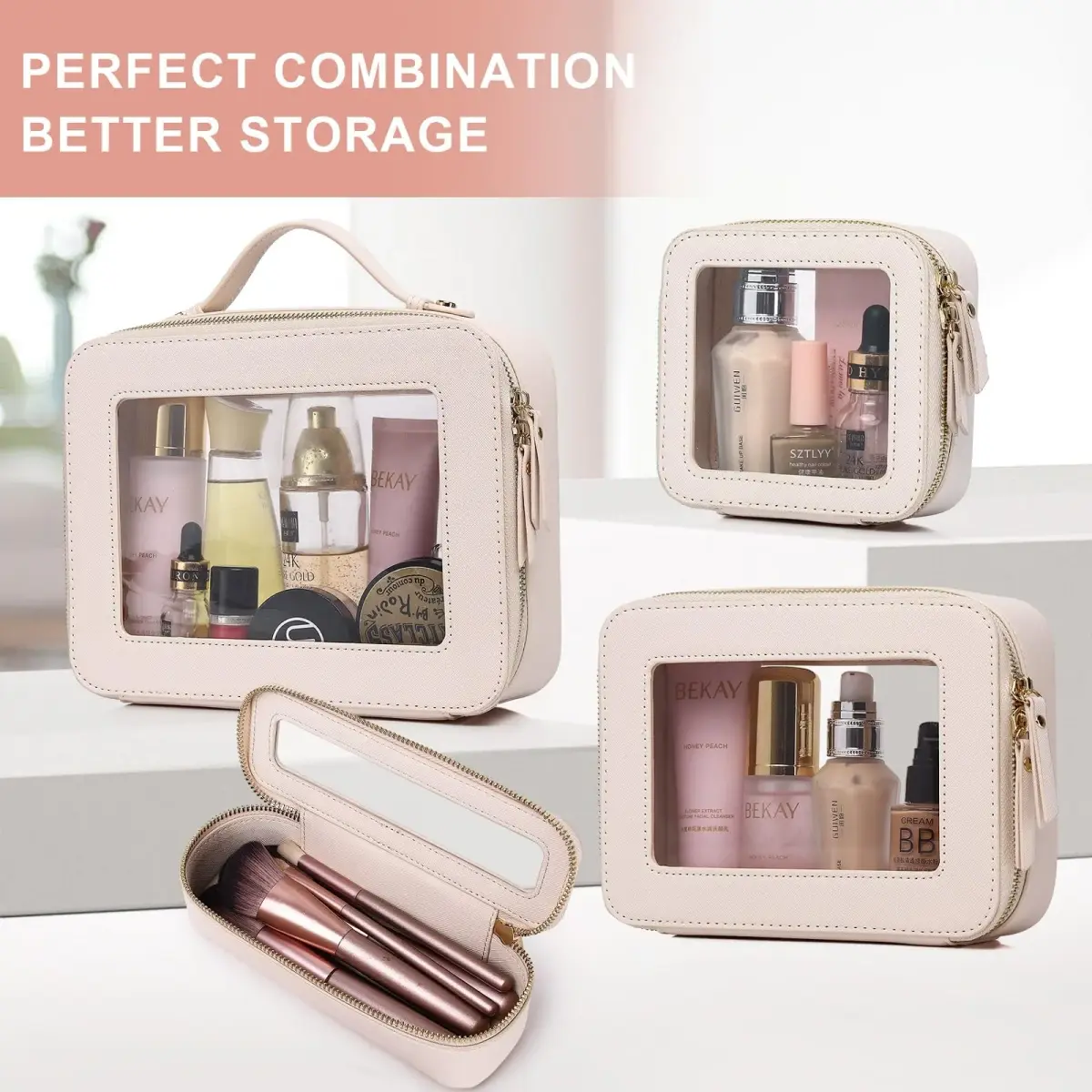 Pinkmik Clear Makeup Bag Large Beige | TSA Compliant Travel Toiletry Bag with Zipper - view 8