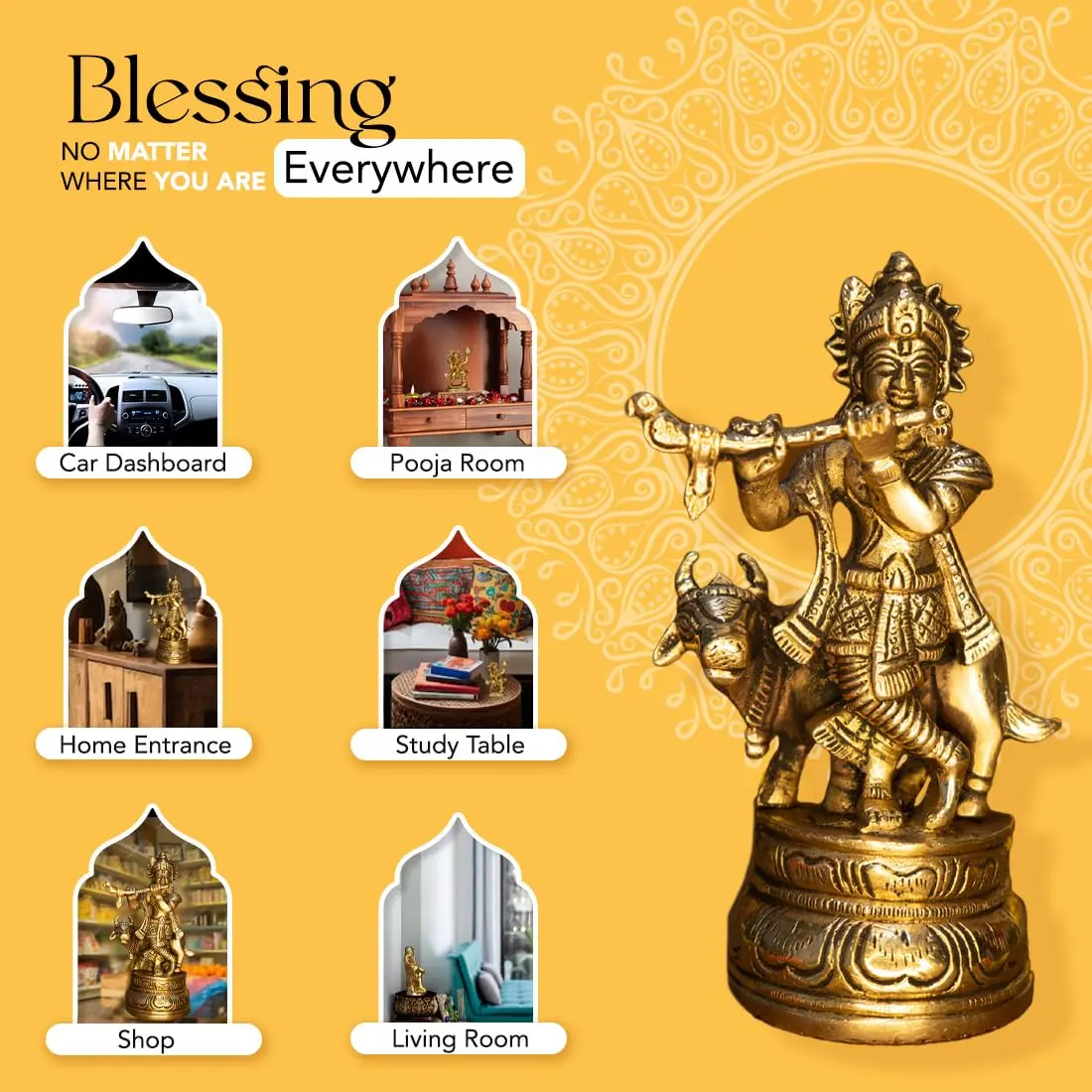 Ekhasa Brass Lord Krishna Idol with Flute | Shri Krishna Murti Gift | Home Decor | Kanha Ji Murti for Office Desk - view 5