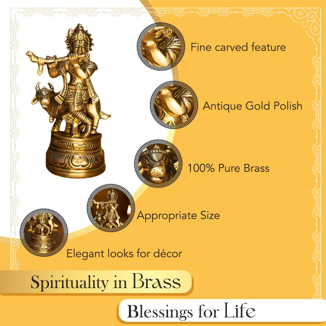 Ekhasa Brass Lord Krishna Idol with Flute | Shri Krishna Murti Gift | Home Decor | Kanha Ji Murti for Office Desk - view 3