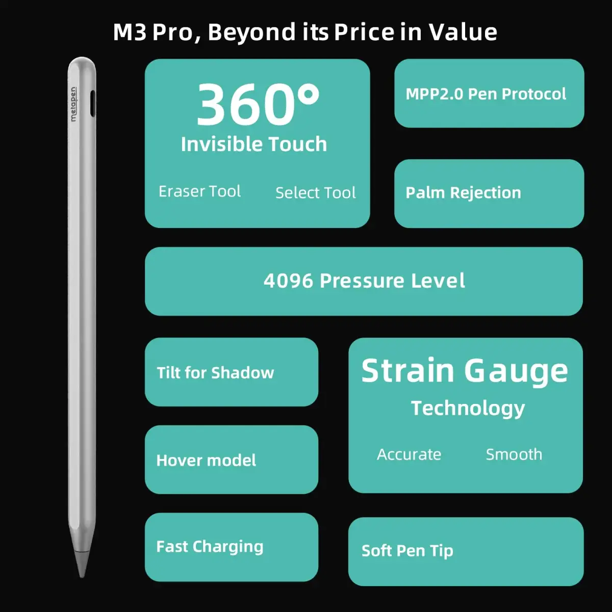 Metapen M3 Pro Stylus Pen with 4096 Pressure Levels & Tilt Function | Silver - view 5