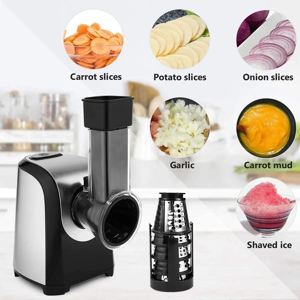 Nictemaw Electric Cheese Grater with 5 Stainless Steel Blades | 150W Kitchen Tool for Cheese, Vegetables & Fruits - view 4