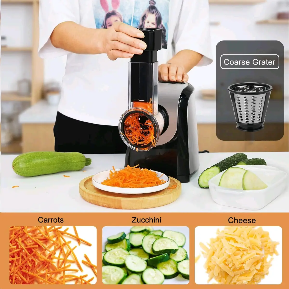 Nictemaw Electric Cheese Grater with 5 Stainless Steel Blades | 150W Kitchen Tool for Cheese, Vegetables & Fruits - view 3
