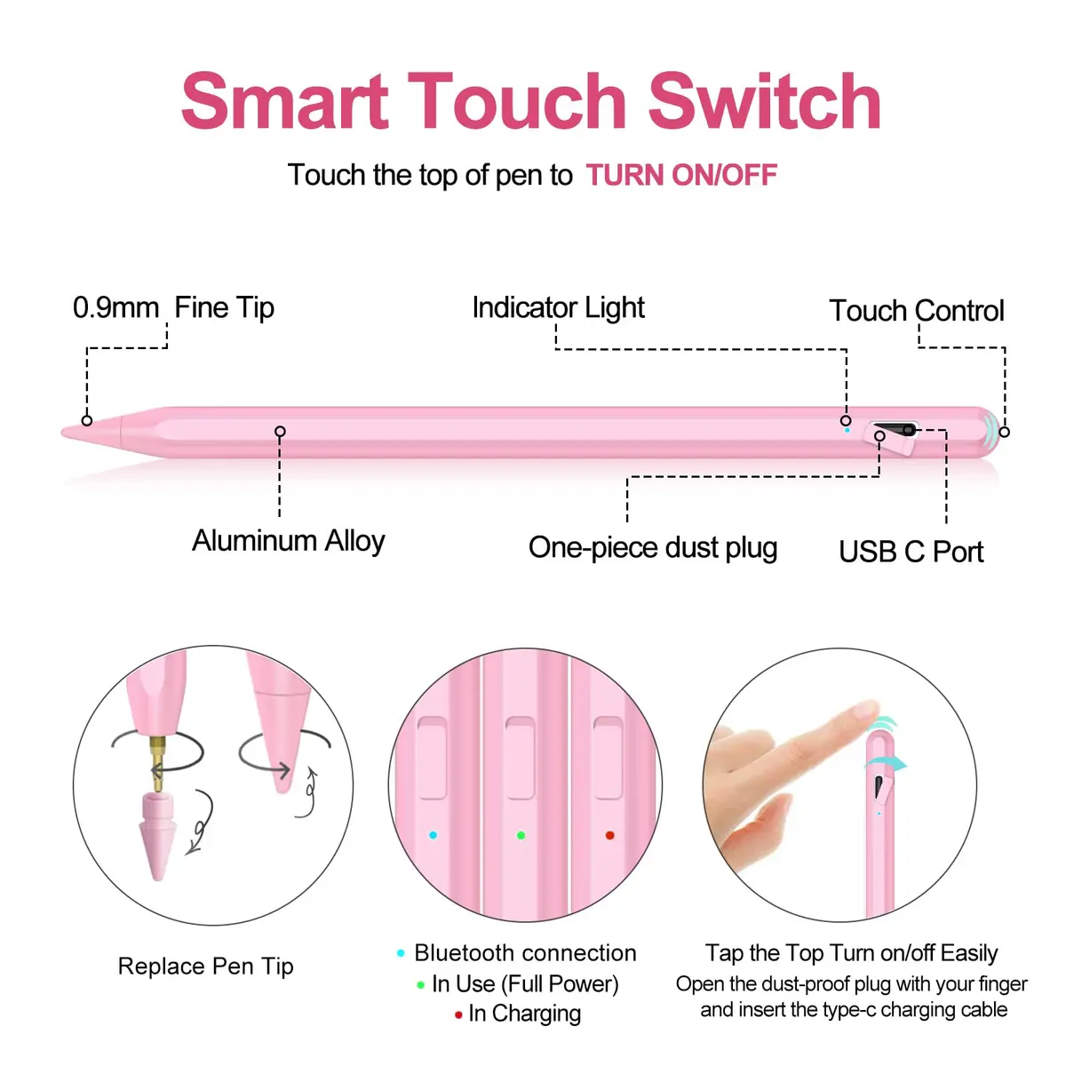 JvKzaen Stylus Pen for iPad 2018-2026 | Palm Rejection, Apple Pencil Compatible, 0.9mm Tip, Type-C Charging - view 7