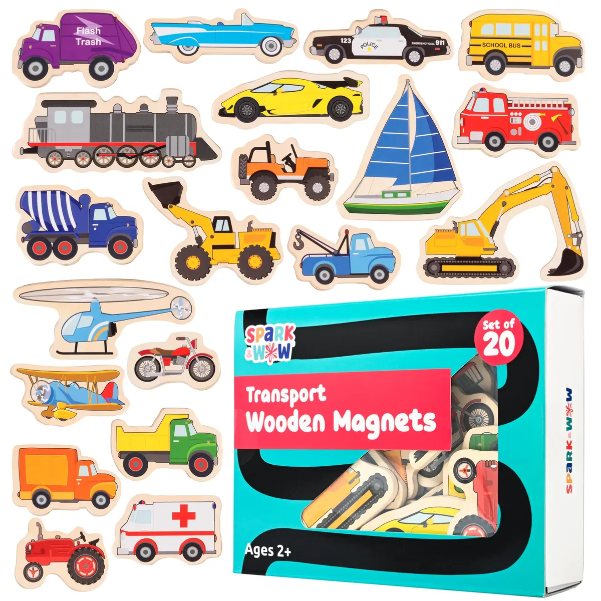 Spark & Wow Wooden Magnets, Transport | 20 Colorful Transportation Shapes for Kids - main product image