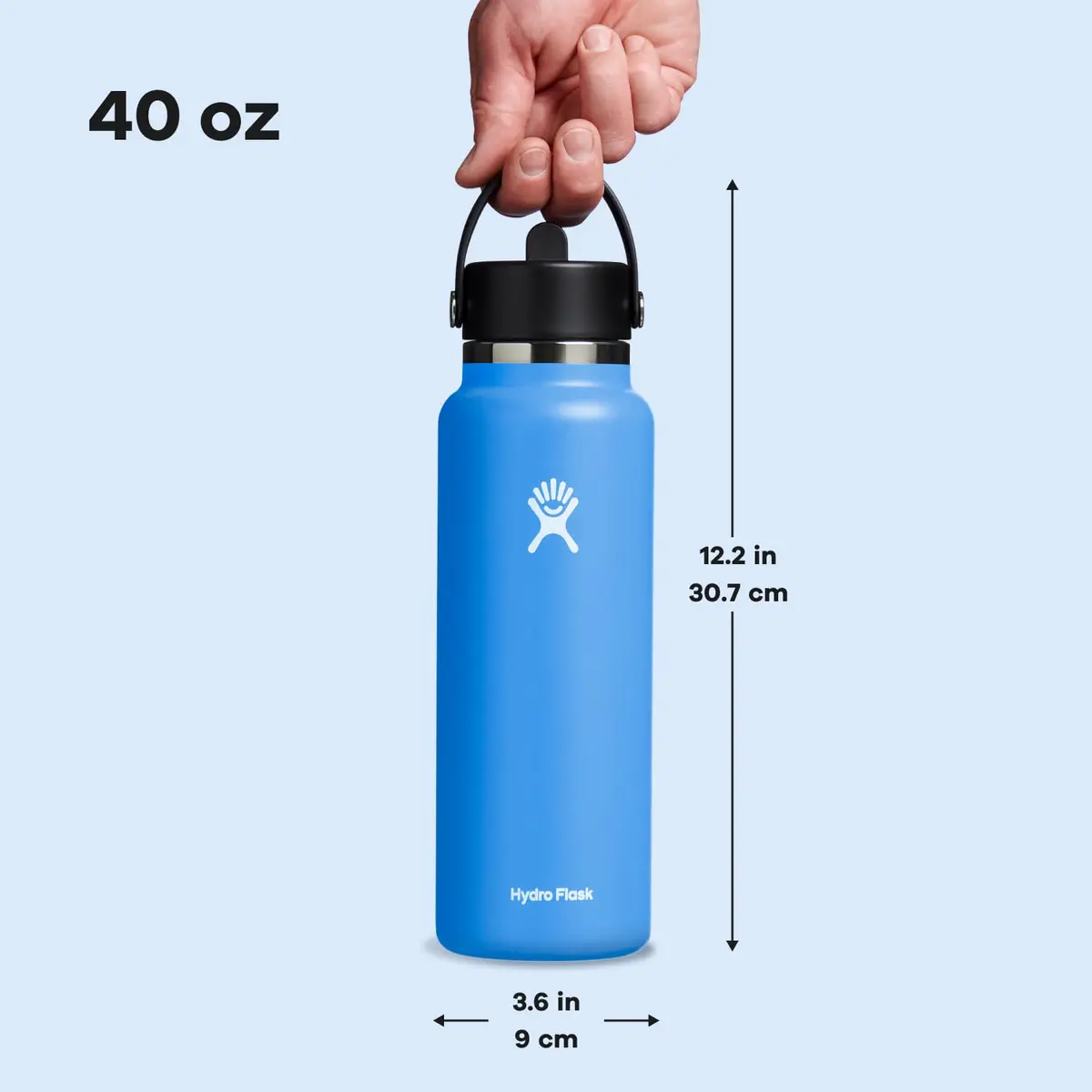 Hydro Flask Water Bottle - Insulated Stainless Steel - Wide Straw Lid, Non Spill, Leakproof in 40 Oz Cascade Blue | Keeps drinks cold 24 hrs - view 7
