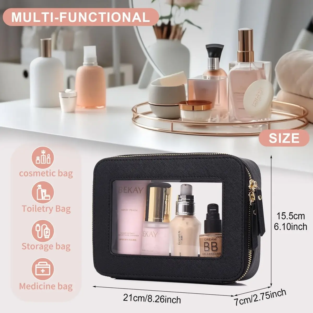 Pinkmik D/Black Medium Clear Makeup Bag | TSA Approved Travel Cosmetic Case - view 3