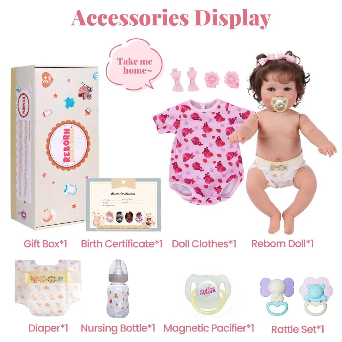 JIZHI 20-inch Reborn Baby Doll, Peach Pink | Realistic Lifelike Baby Girl Doll with Wavy Brown Hair, ASTM F963 & CPC Certified - view 3