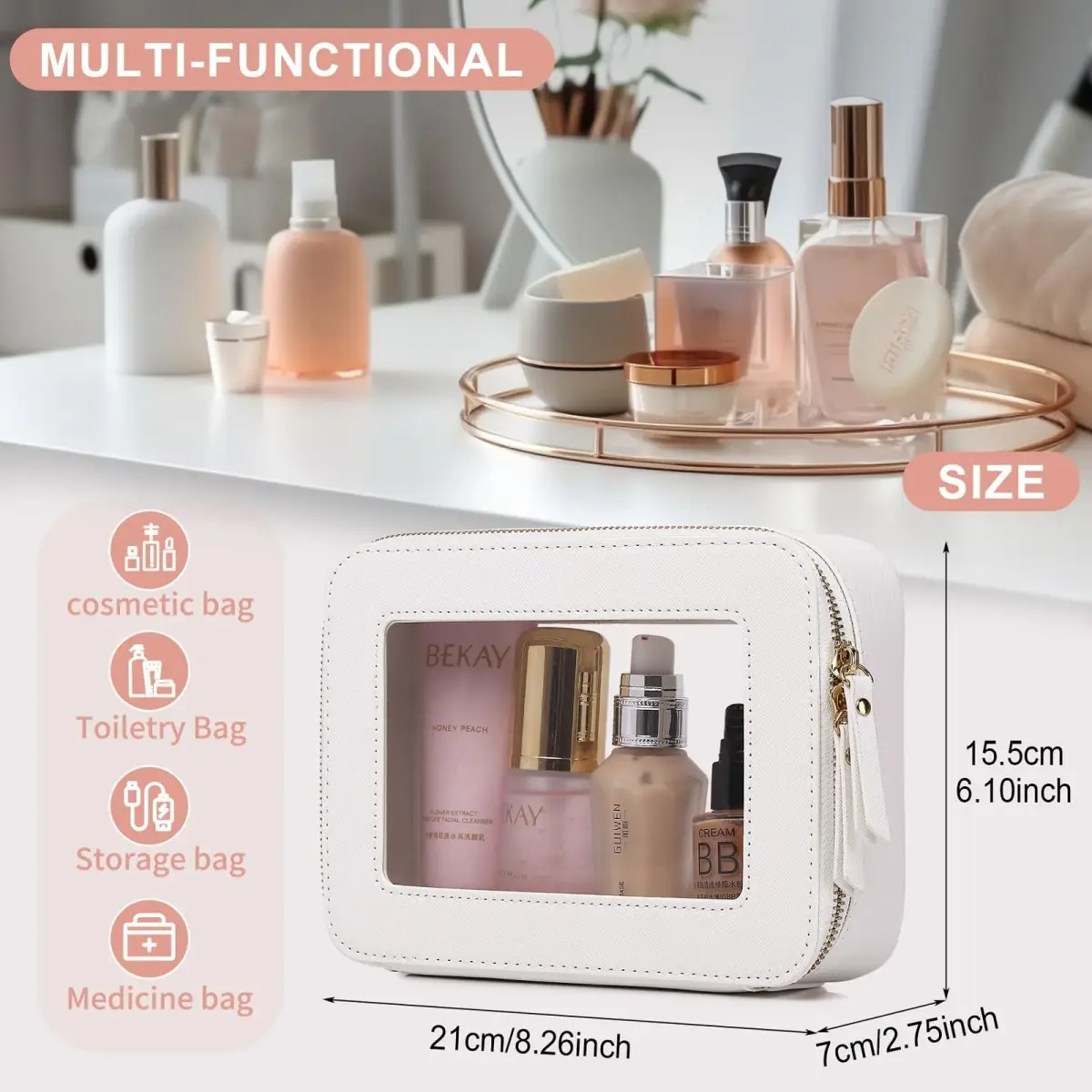 Pinkmik D/White Clear Makeup Bag - Medium Size | TSA Approved Travel Cosmetic Case - view 3
