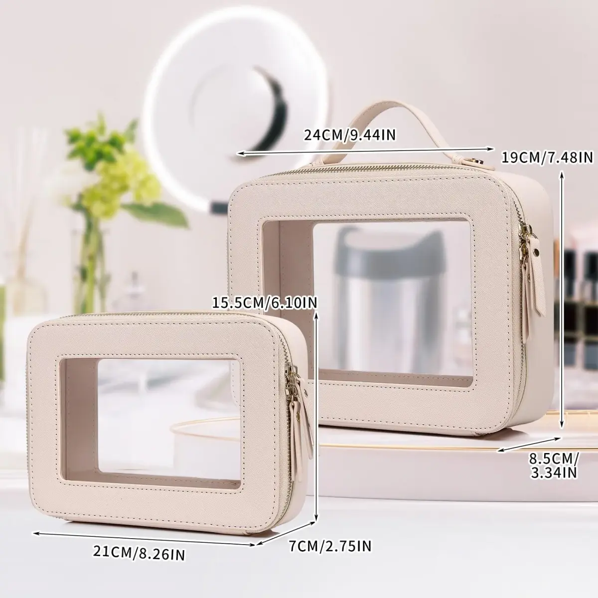 Pinkmik Clear Makeup Bag Set, Medium & Large Beige | TSA Approved & Waterproof Travel Cosmetic Case - view 4