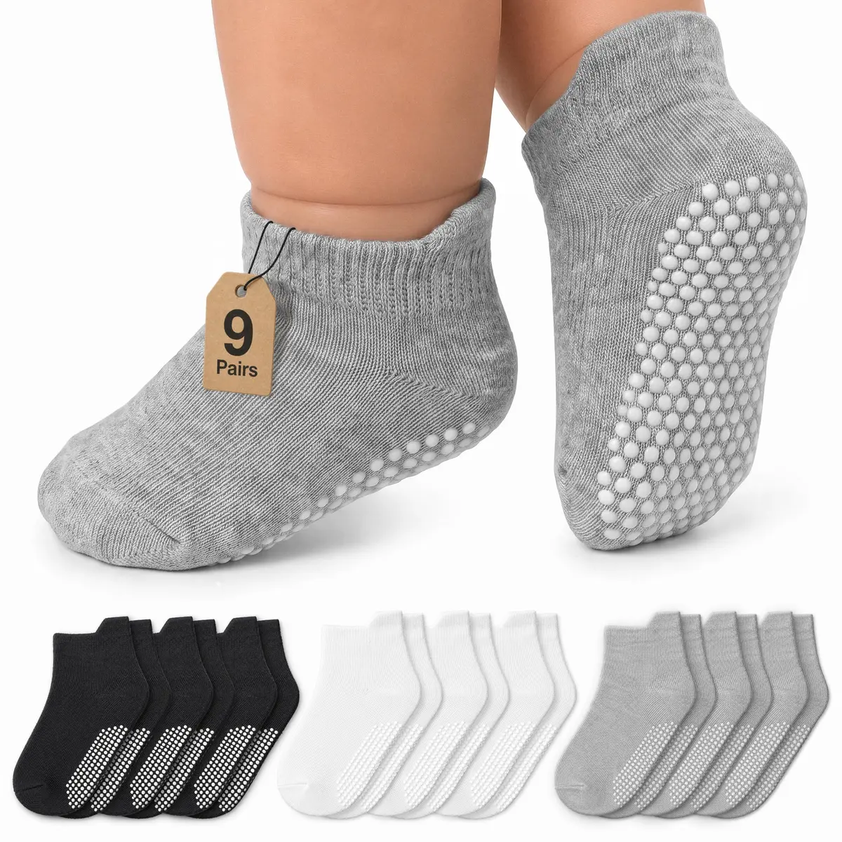 Infinno Baby Non Slip Ankle Socks with Grips, 9 Pairs | Toddler & Kids Grip Socks for Safety & Style - main product image