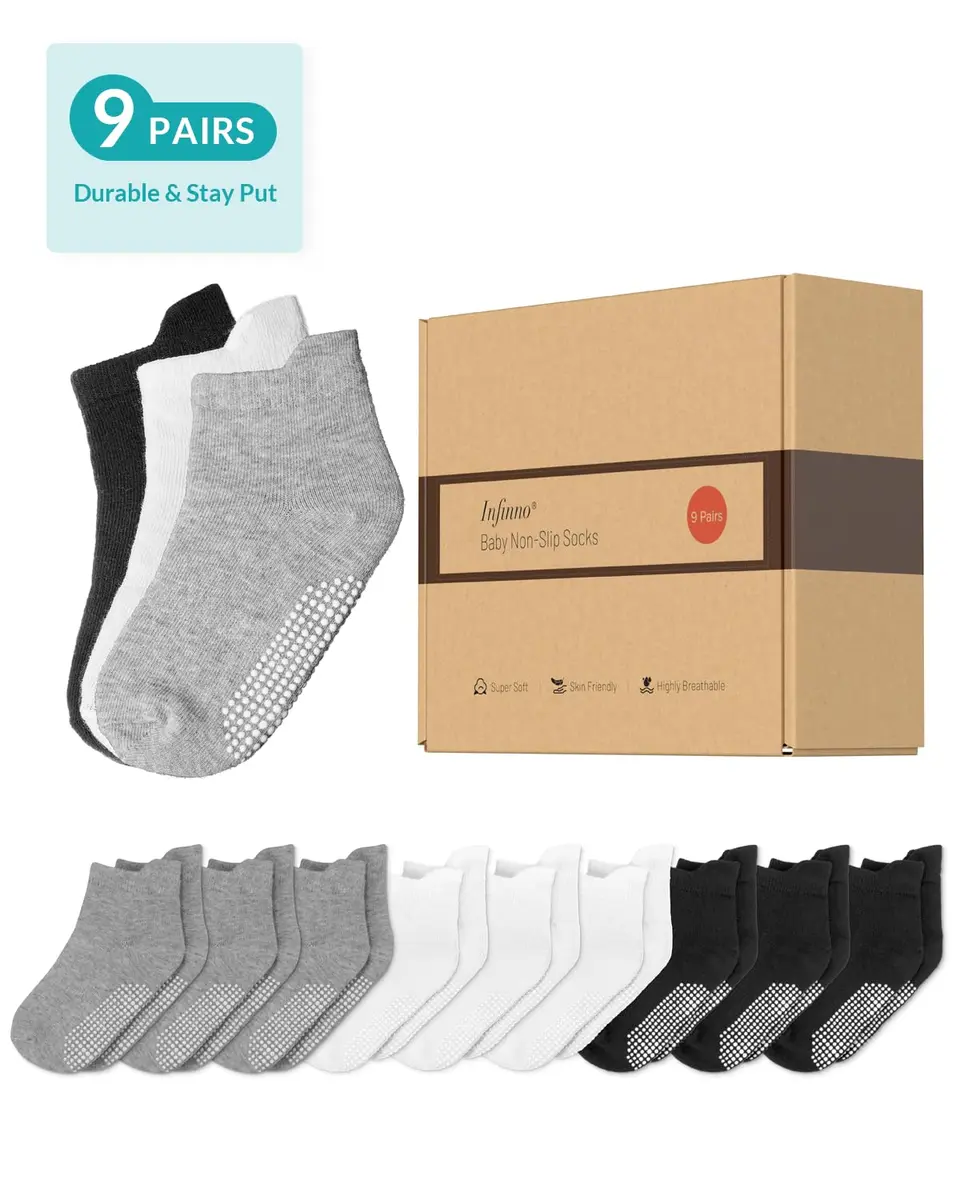 Infinno Baby Non Slip Ankle Socks with Grips, 9 Pairs | Toddler & Kids Grip Socks for Safety & Style - view 5