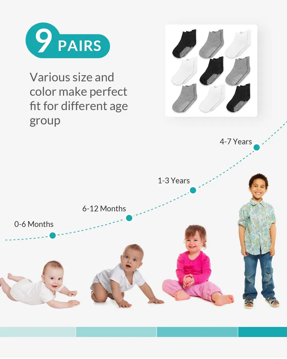 Infinno Baby Non Slip Ankle Socks with Grips, 9 Pairs | Toddler & Kids Grip Socks for Safety & Style - view 6