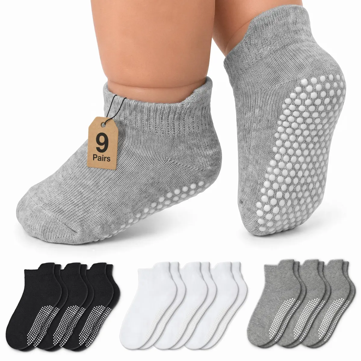 Infinno Baby Non Slip Ankle Socks 9 Pairs | Toddler Grip Socks for Infants & Kids - main product image