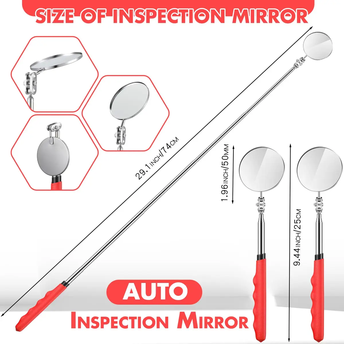 Copkim Telescoping Inspection Mirror for Mechanics,Red,Round | Adjustable Handle, 50mm Diameter, Durable Metal & Glass - view 2