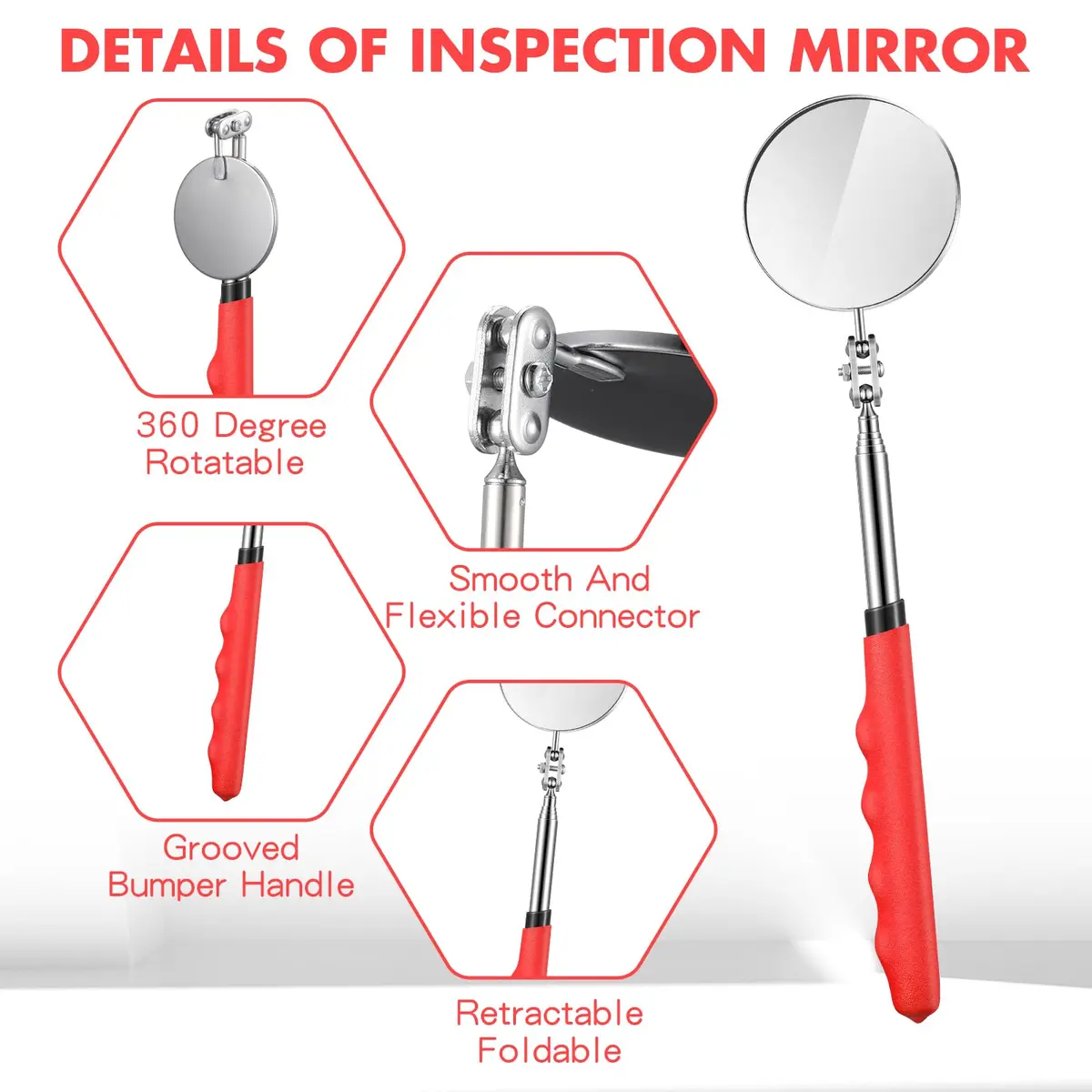 Copkim Telescoping Inspection Mirror for Mechanics,Red,Round | Adjustable Handle, 50mm Diameter, Durable Metal & Glass - view 3