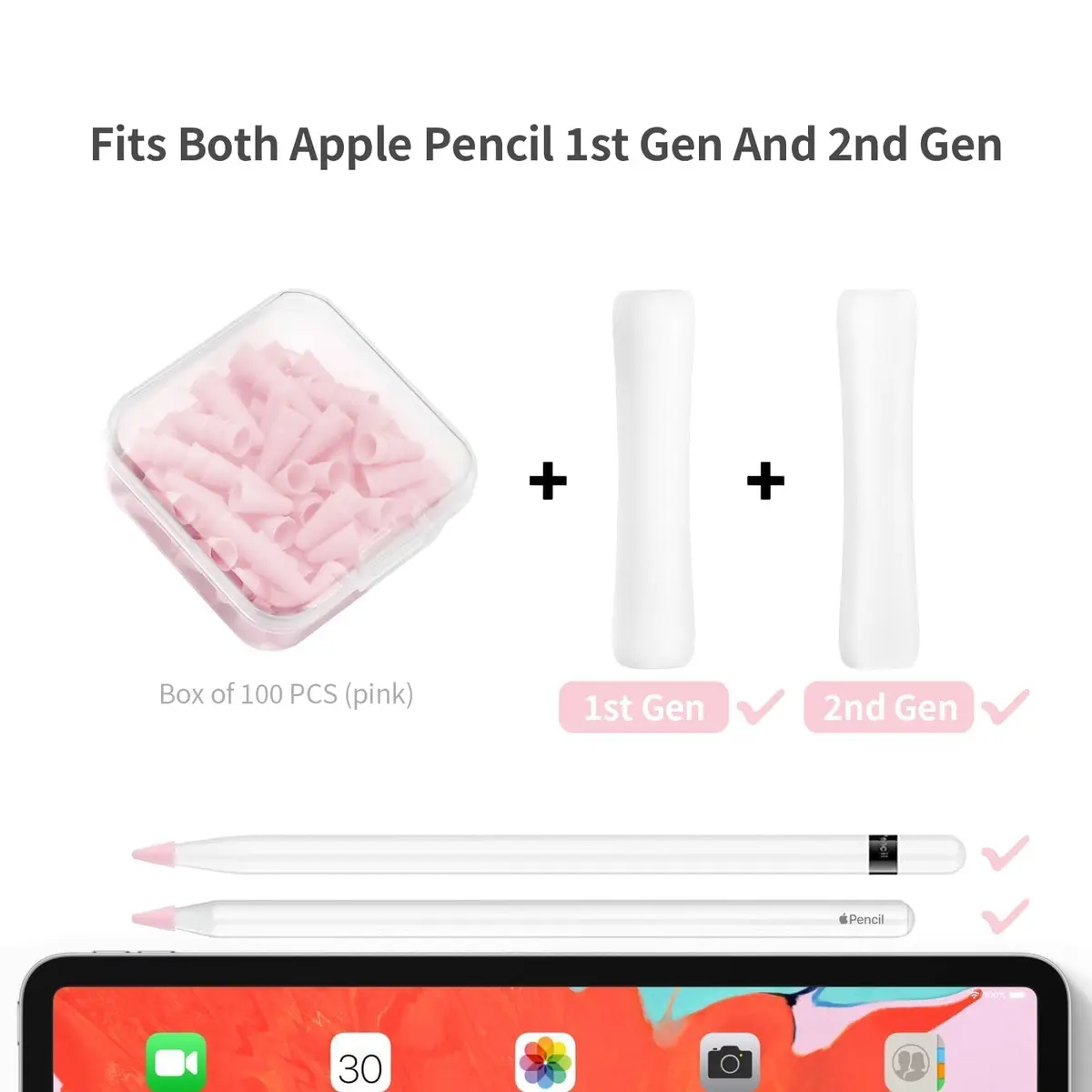 YBSUCLD Silicone Pencil Nib Sleeves for Apple Pencil 1/2/Pro/USB-C, Pink (100 Count) - view 2