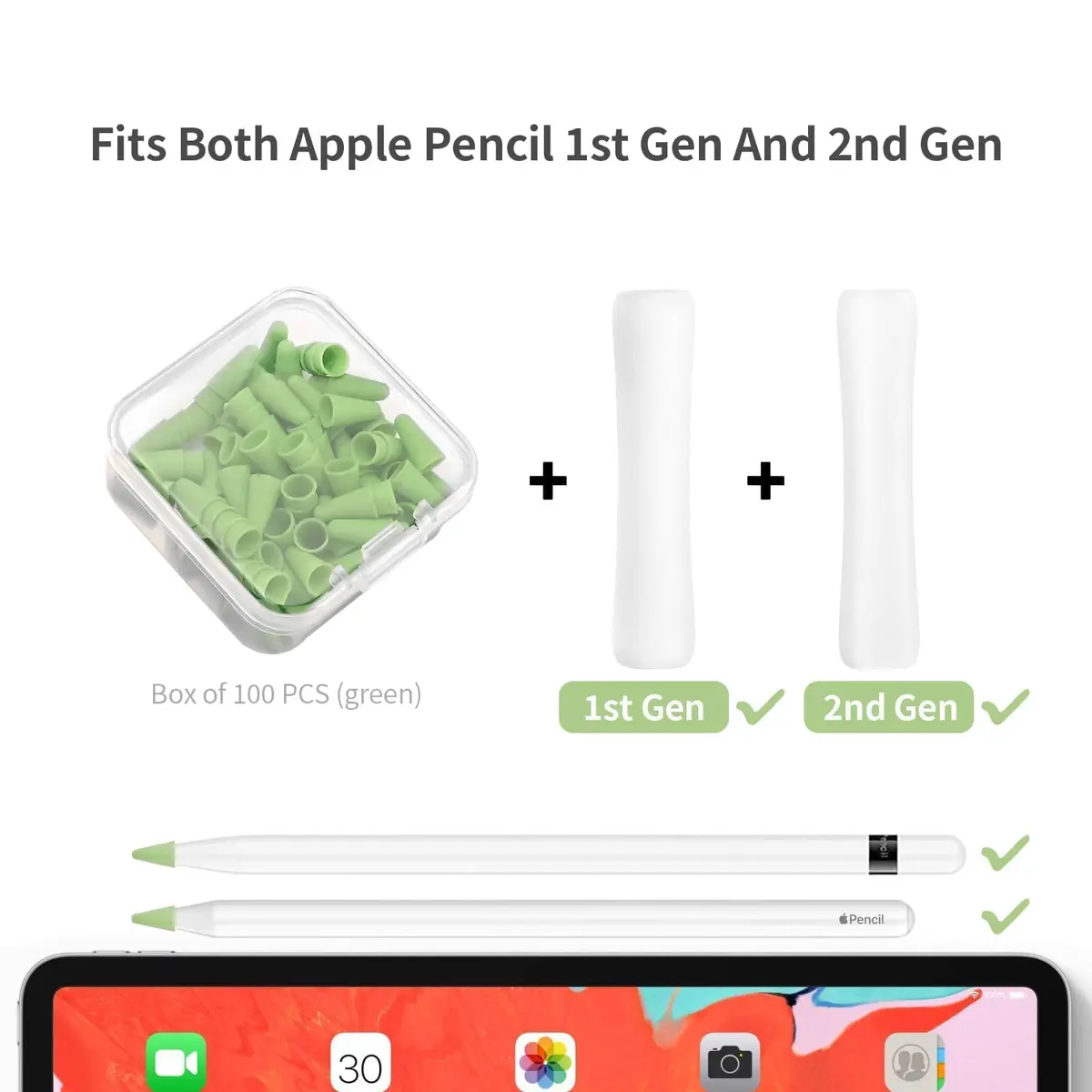 YBSUCLD Silicone Pencil Nib Sleeves for Apple Pencil 1/2/Pro/USB-C, 100pcs Green | Protects Screen & Extends Tip Life - view 2