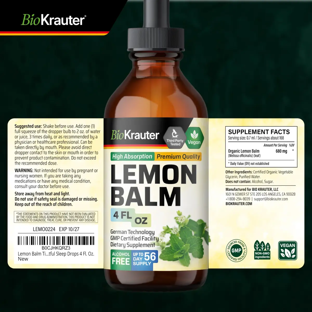 BIO KRAUTER Lemon Balm Tincture 118ml (4 Fl Oz) | Vegan Sleep Support Drops - view 9
