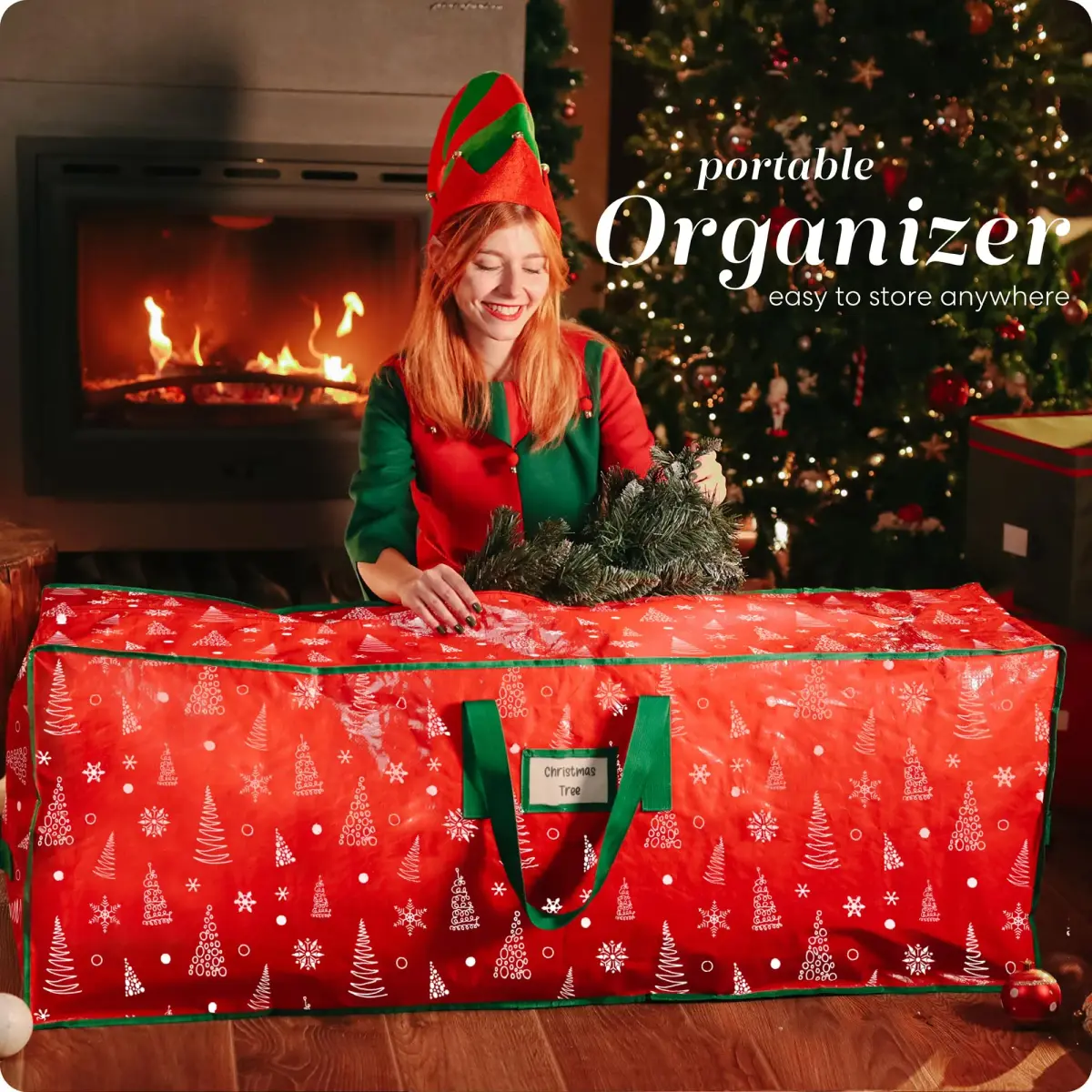 Handy Laundry Christmas Tree Storage Bag for 7.5 Foot Artificial Trees | Red Printed, Waterproof, Zippered, Heavy-Duty Handles - view 6