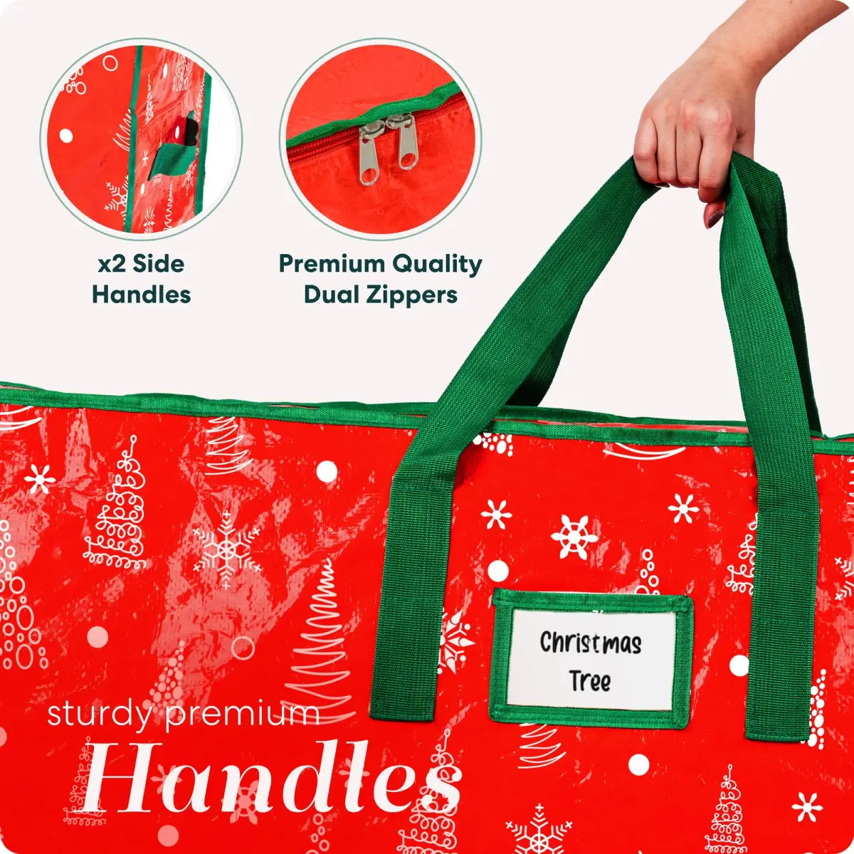 Handy Laundry Christmas Tree Storage Bag for 7.5 Foot Artificial Trees | Red Printed, Waterproof, Zippered, Heavy-Duty Handles - view 4