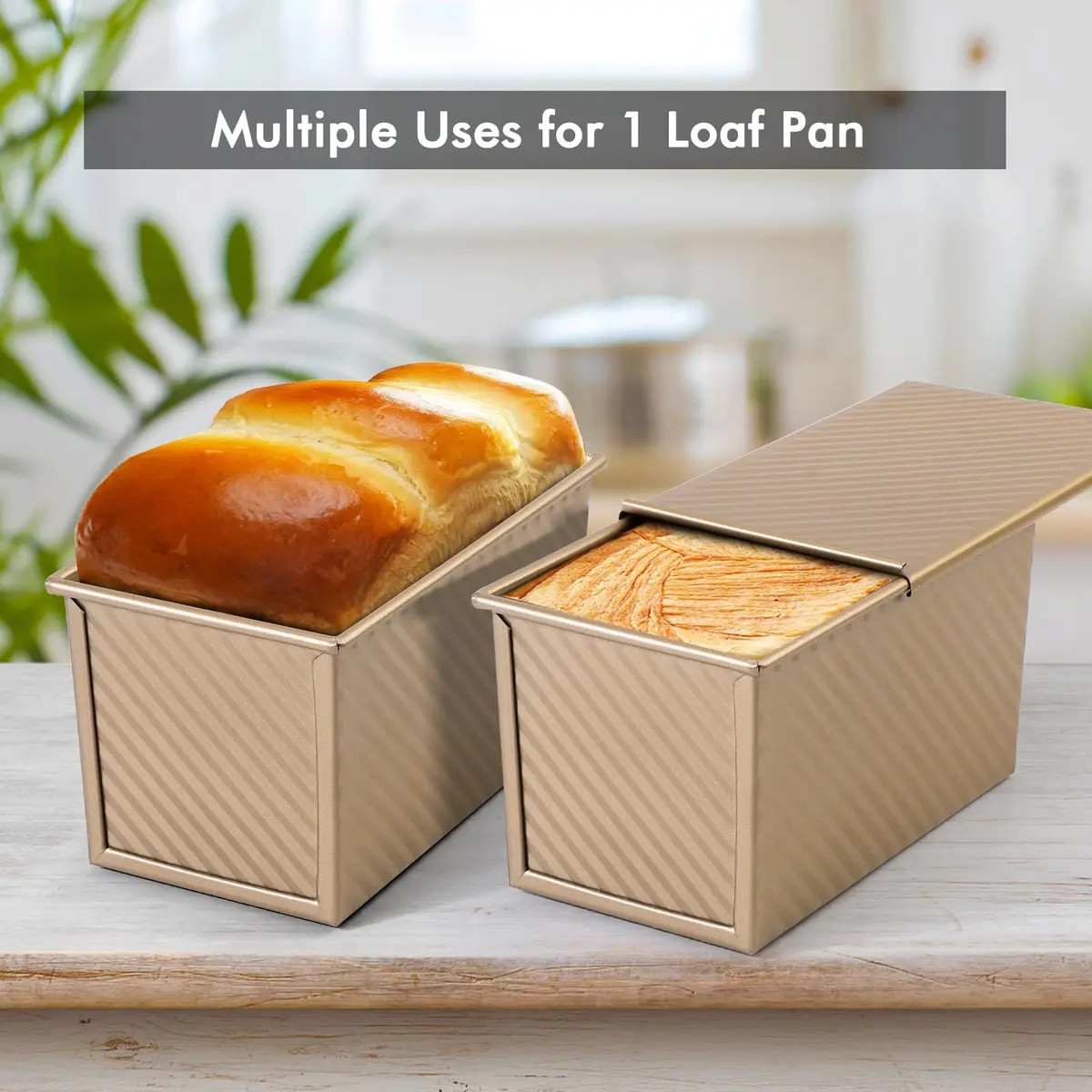Beasea Pullman Loaf Pan 2 Pack 1 lb | Non-Stick Carbon Steel Bakeware with Lid - view 6