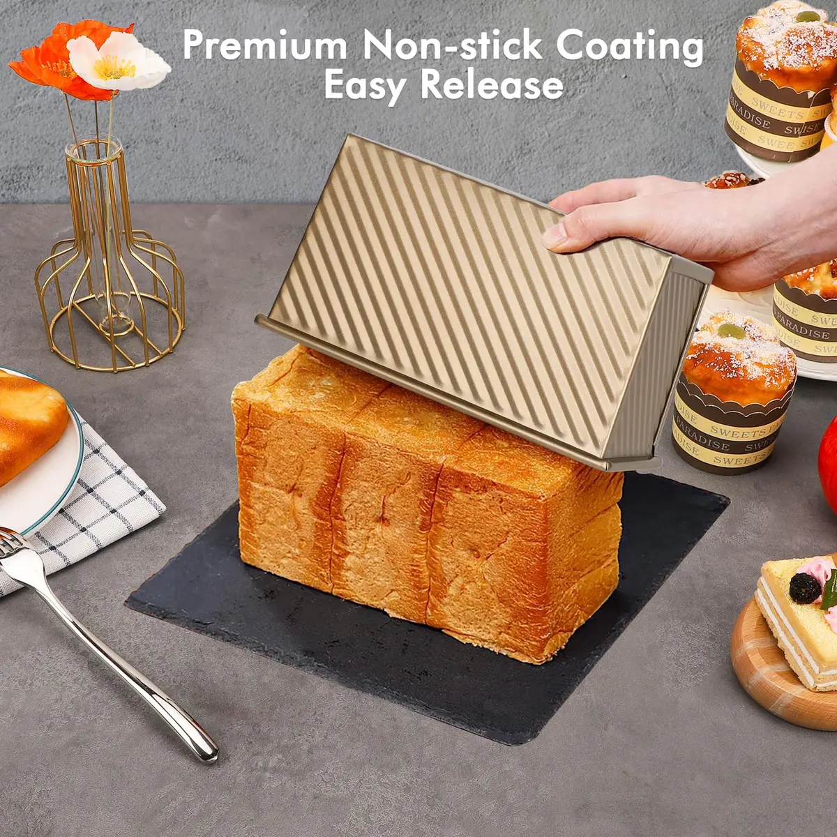 Beasea Pullman Loaf Pan 2 Pack 1 lb | Non-Stick Carbon Steel Bakeware with Lid - view 3