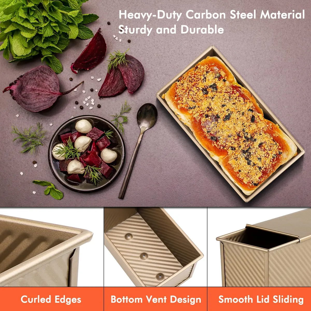 Beasea Pullman Loaf Pan 2 Pack 1 lb | Non-Stick Carbon Steel Bakeware with Lid - view 4