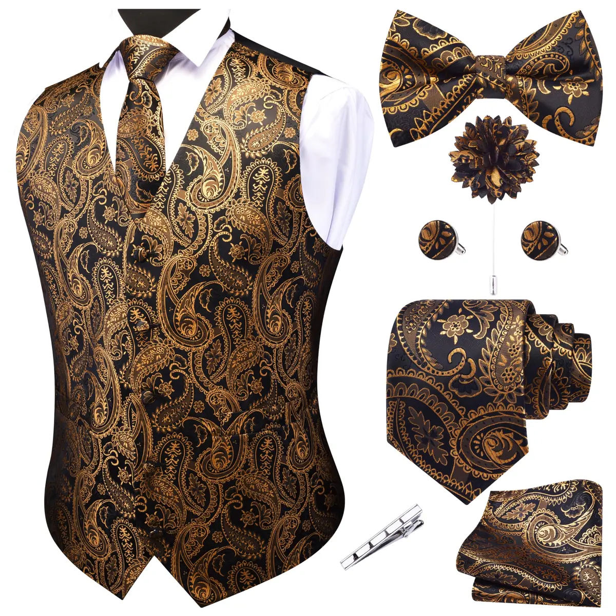 GUSLESON Mens Black Gold Paisley Suit Vest Tie and Bow Tie Set Silk Floral Waistcoat Necktie and Pocket Square Lapel Pin Set (3XL) - main product image