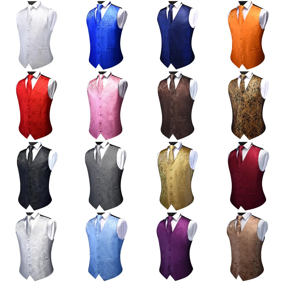 GUSLESON Mens Black Gold Paisley Suit Vest Tie and Bow Tie Set Silk Floral Waistcoat Necktie and Pocket Square Lapel Pin Set (3XL) - view 5