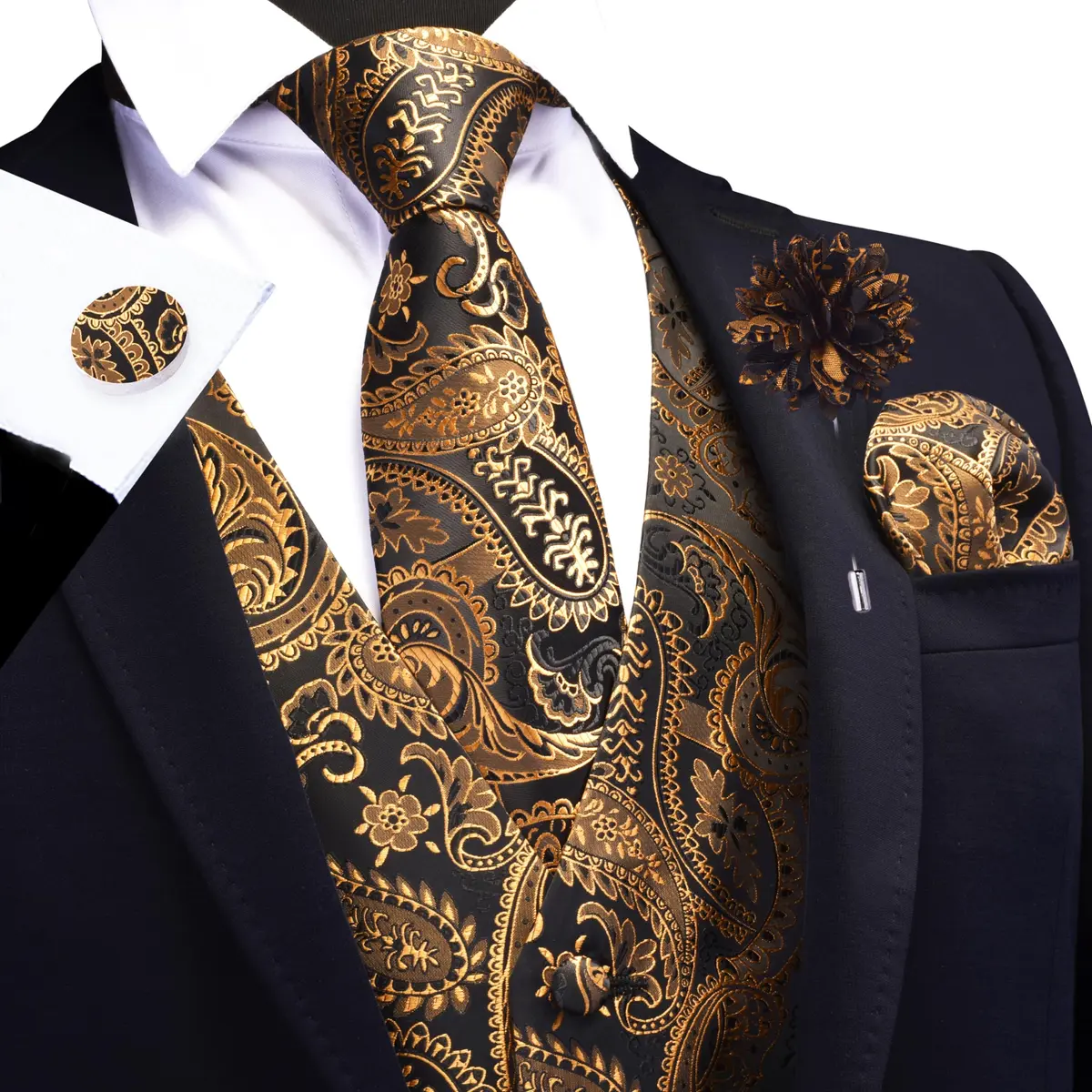 GUSLESON Mens Black Gold Paisley Suit Vest Tie and Bow Tie Set Silk Floral Waistcoat Necktie and Pocket Square Lapel Pin Set (3XL) - view 2